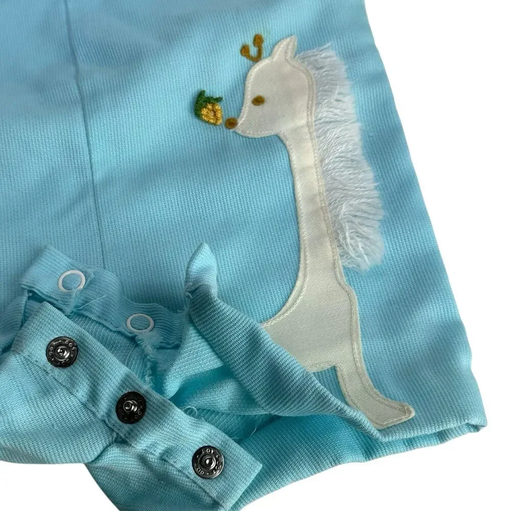 Vintage Nannekins By Nannette White giraffe Blue Button Romper 6-9 Months
